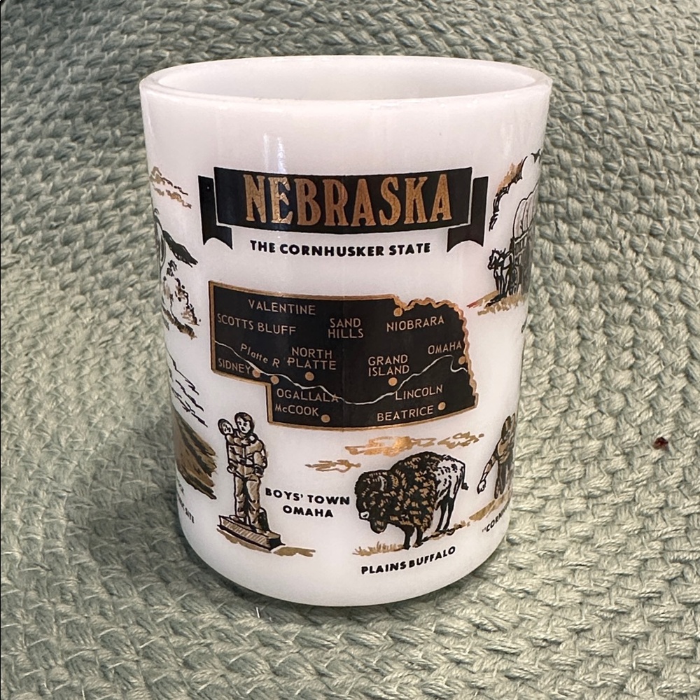 Nebraska vintage coffee cup, mug Milk glass White Black Gold EUC